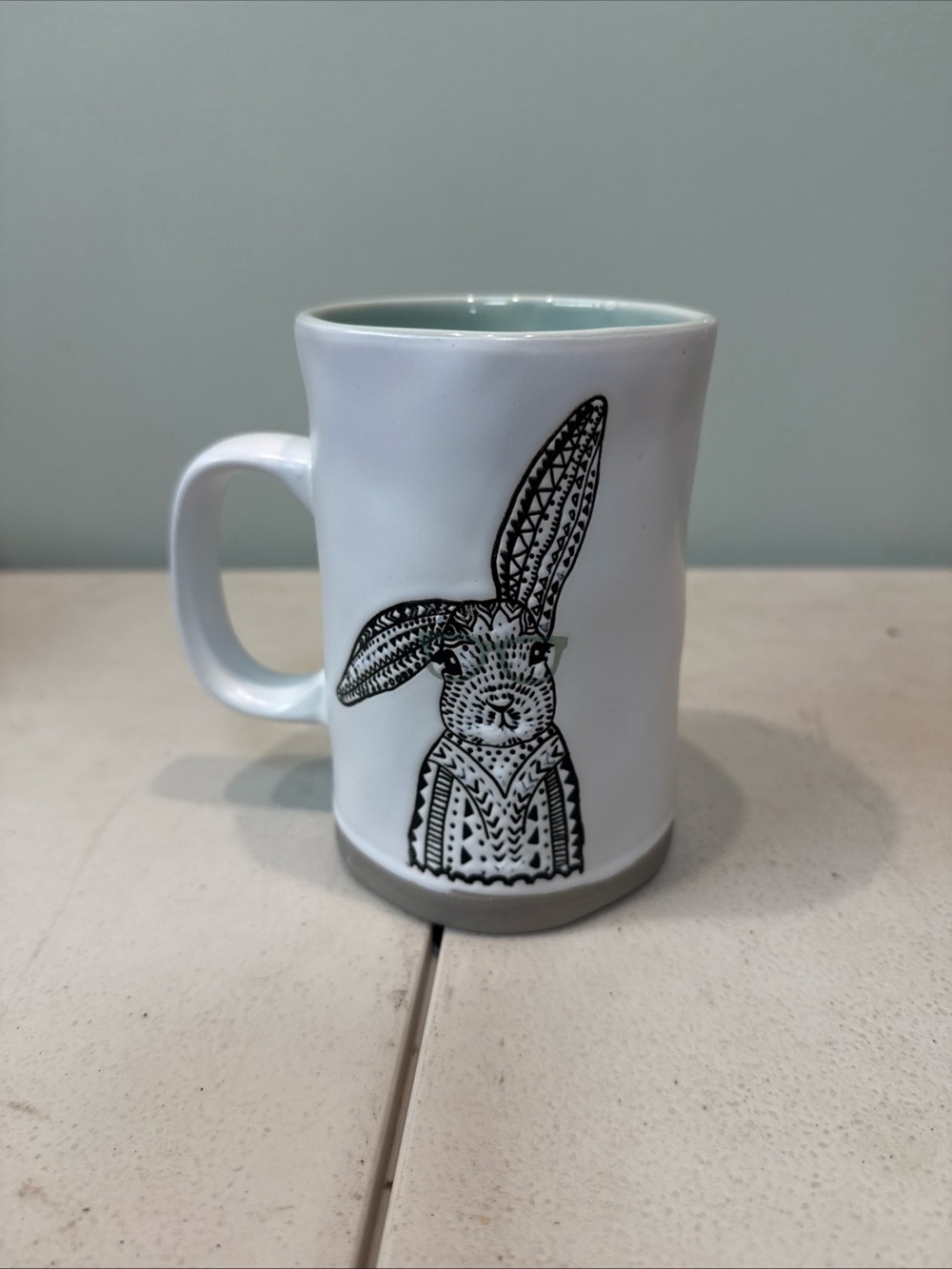new Boho Bunny Rabbit Mug Black White Textured Ceramic Coffee Cup Cute Gift